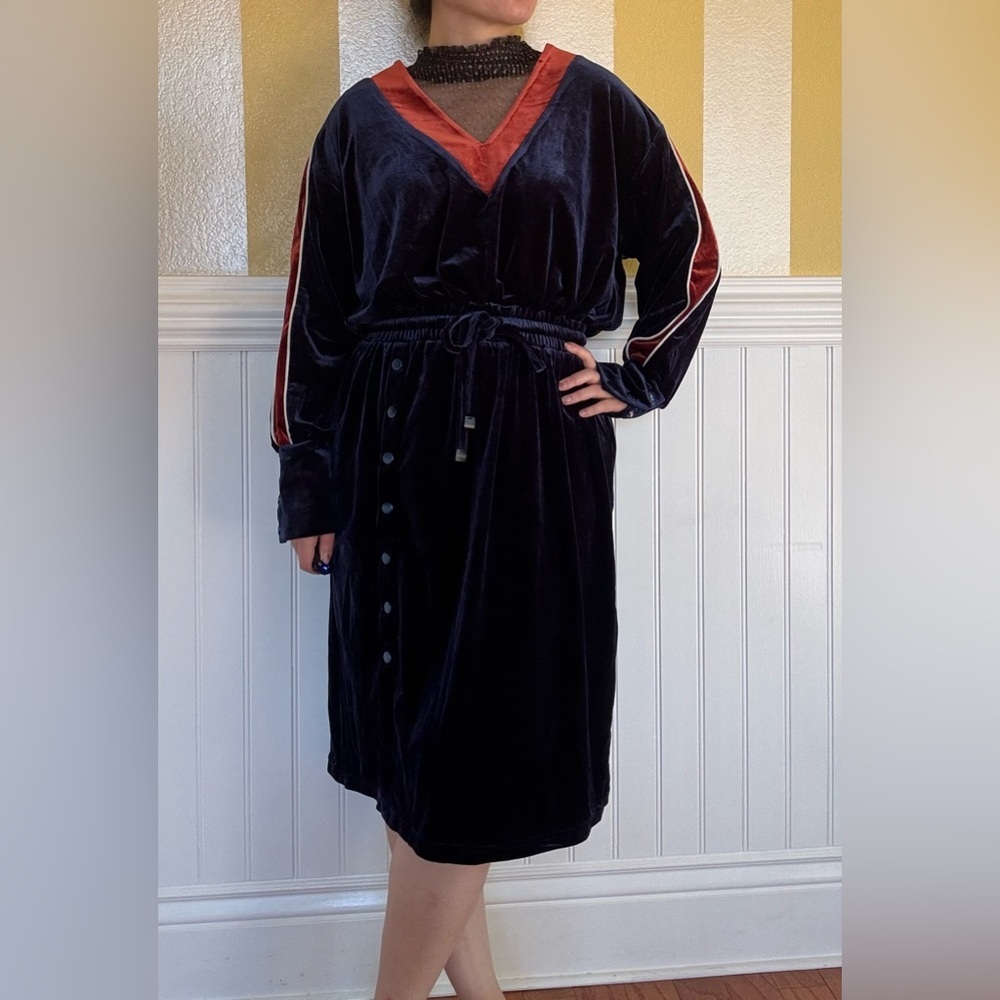 Anthropologie Elegant Velvet V-Neck Dress - Navy Blue